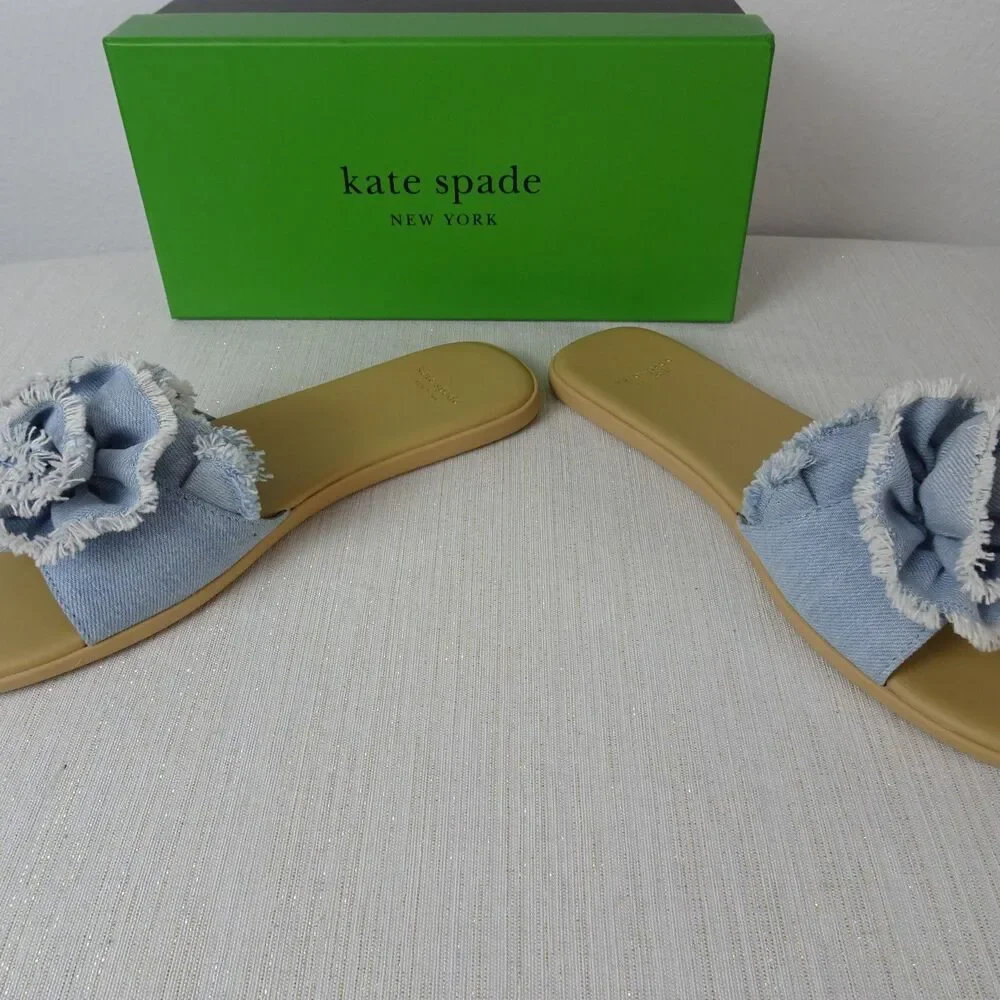 Kate Spade Women's Flourish Denim Flower Flat Sandals Slip Ons Flower New 7.5